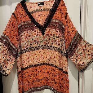 Maggie Barnes Boho Floral V-Neck Orange Florals With Lace, Sparkles Along V Neck